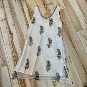 Vijay Singh White Dress With Paisley Print W/ Beading Sequins Light Weight SZ S